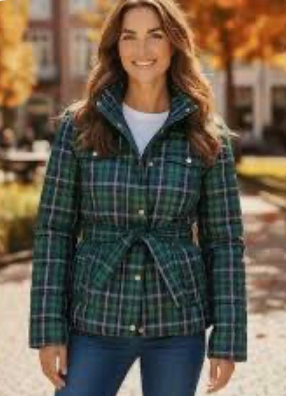 J. Crew Women's Quilted Puffer Jacket Belted Tartan Plaid Green Medium Outdoor